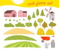 Vector collection of cozy farm elements: house, garden, trees, field, haystack, windmill isolated on white background.