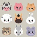 Vector collection of cute animal faces, big icon set for baby design Royalty Free Stock Photo