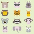 Vector collection of cute animal faces, icon set for baby design Royalty Free Stock Photo