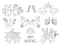 Vector collection of cute black and white animal pairs. Loving couples illustration. Love relationship or family outline concepts