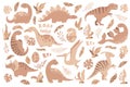 Vector collection with cute boho hand drawn cartoon dinosaurs, leaves and branches isolated on white background. Illustration for Royalty Free Stock Photo
