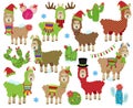 Vector Collection of Cute Christmas or Winter Holiday Themed Llamas