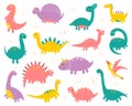 Vector collection of cute flat dinosaurs, including T-rex, Stegosaurus, Velociraptor, Pterodactyl, Brachiosaurus and