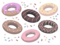 Vector collection of delicious cartoon style glazed and sprinkled sweet donuts