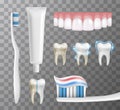 Vector collection of dentistry related objects - teeth, toothbrush, toothpaste in tube and process of whitening on transparent Royalty Free Stock Photo