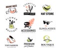 Vector collection of different fashionable lady logo for accessory & clothing shop, aroma & shoe boutique, cosmetics & hat store, Royalty Free Stock Photo