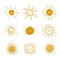 Vector Collection of Doodle Hand Drawn Sun Icons with Handwritten Words, Be Sunny, Good Morning, Stay Positive.