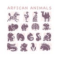 Vector collection of flat African cute animal icons isolated on white background. Royalty Free Stock Photo