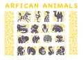 Vector collection of flat African cute animal icons isolated on white background. Royalty Free Stock Photo