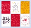 Vector collection of flat Christmas holiday congratulation cards with patterns & text isolated on light background.