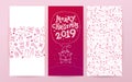 Vector collection of flat Christmas holiday congratulation cards with patterns & text isolated on light background.