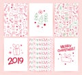 Vector collection of flat Christmas holiday congratulation cards with patterns & text isolated on light background.