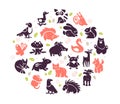 Vector collection of flat cute animal icons isolated on white background. Royalty Free Stock Photo