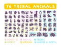 Vector collection of flat cute tribal animal icons with hand drawn ornament isolated on white background. Royalty Free Stock Photo