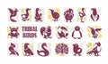 Vector collection of flat cute tribal bird icons & ornament isolated on white background Royalty Free Stock Photo