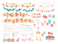 Vector collection of flat decor elements for kids birthday party - balloons, garlands, gift box, candy, pinata, bd cake etc. Royalty Free Stock Photo