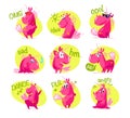 Vector collection of flat funny unicorns isolated on white background.