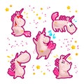 Vector collection of flat funny unicorns portrait isolated on pink background.