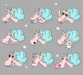 Vector collection of flat funny unicorns . Set of emoji smile characters. Animal facial expressions and emotions.