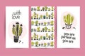 Vector collection of flat love cards with funny hand drawn cacti icons, lettering congratulations and seamless pattern isolated on