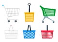 Vector collection of flat realistic illustration of side view empty supermarket shopping basket isolated. Large shopping set: Royalty Free Stock Photo