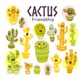 Vector collection of flat smiling cacti friends in cartoon style standing isolated on white background.