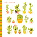 Vector collection of flat smiling cacti friends in cartoon style standing isolated on white background.