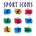 Vector collection of flat sport icons on colorful geometric backgrounds.