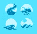 Vector collection of flat water wave icons on blue background.