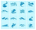 Vector collection of flat water wave icons isolated on blue background.