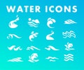 Vector collection of flat water wave icons isolated on blue background. Royalty Free Stock Photo