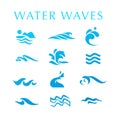 Vector collection of flat water wave icons isolated on white background. Royalty Free Stock Photo