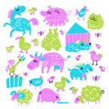 Vector collection of funny doodle farm animals. Illustration of hourse, pig, rabbits, cow, sheep, goat, duck, cock.