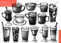 Vector collection of glass ware with hot drinks. Hand-sketched tea, mulled wine, coffee, hot chocolate glasses, mugs, cups. Royalty Free Stock Photo