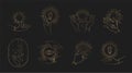 Vector collection of gold mystic logo or emblem templates with abstract hands, sun, moon and stars isolated on black background.