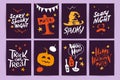 Vector collection of Halloween flat celebration cards, flayers with funny animals, traditional halloween elements and spooky party Royalty Free Stock Photo