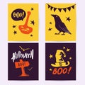 Vector collection of Halloween flat celebration cards, flayers with funny animals, traditional halloween elements and spooky party Royalty Free Stock Photo