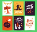 Vector collection of Halloween flat celebration cards, flayers with funny animals, traditional halloween elements and spooky party Royalty Free Stock Photo