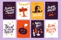 Vector collection of Halloween flat celebration cards, flayers with funny animals, traditional halloween elements Royalty Free Stock Photo