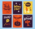 Vector collection of Halloween flat celebration cards, flayers with funny animals, traditional halloween elements Royalty Free Stock Photo