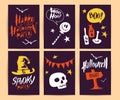 Vector collection of Halloween flat celebration cards, flayers with funny animals, traditional halloween elements Royalty Free Stock Photo