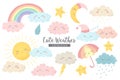 Vector collection with hand drawn cartoon sun, moon, rainbow, umbrella, rain, snow, clouds and stars isolated on white background Royalty Free Stock Photo