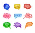 Vector Collection of Hand Drawn Colorful Talk Bubbles with Different Discounts, Sale Labels Set, Isolated. Royalty Free Stock Photo