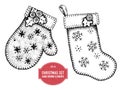 Vector collection of hand drawn mitten and stocking