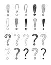Vector collection on hand drawn question and exclamation marks isolated on white background, black doodles set, scribble Royalty Free Stock Photo