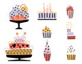 Vector collection of happy birthday cakes and cupcakes. Royalty Free Stock Photo