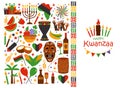 Vector illustration collection of Happy Kwanzaa. Holiday symbols on white background. Vector illustration.