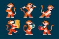 Vector collection of happy tiger character smile and greeting, deliver packages, drink coffee, carry gift box isolated.