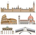 Vector collection of landmarks icons: Palace of Westminster, Colisseum, Florence Cathedral, Brandenburg Gate and Rialto Bridge