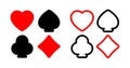 Vector collection of icons of card suits with uniform fill and outline. Red hearts and diamond, black spades and clubs. Royalty Free Stock Photo